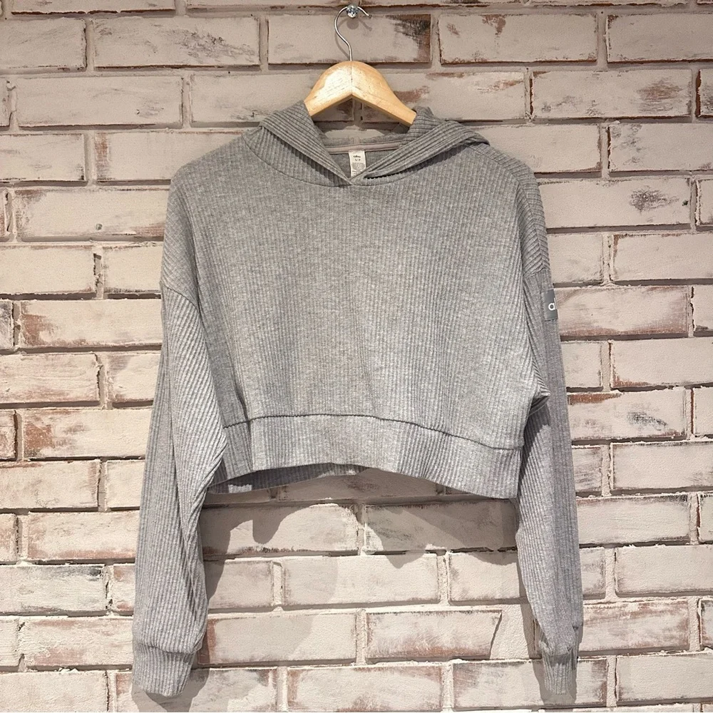 Alo Muse Cropped Gray Hoodie Hooded Sweatshirt